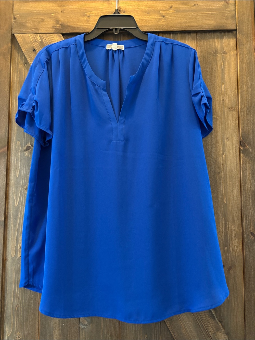 Pleione Split-Neck Short Sleeve Blouse - Blue